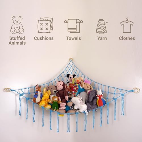 ABBY BABY Large Stuffed Animal Hammock Corner - Stuffed Animal Storage - 100% Natural Cotton Macrame Stuffed Animal Net - Stuff Animal Organizer - Net For Stuffed Animals Corner Large-Blue - Image 6