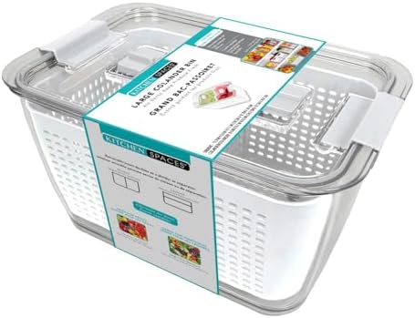 Kitchen Spaces Colander Bin, Produce Saver, Fridge Organizer With Lid, Wash, Strain and Store, Great for Refrigerator, Freezer and Pantry, Large, White, Pack of 1 by KitchenSpaces