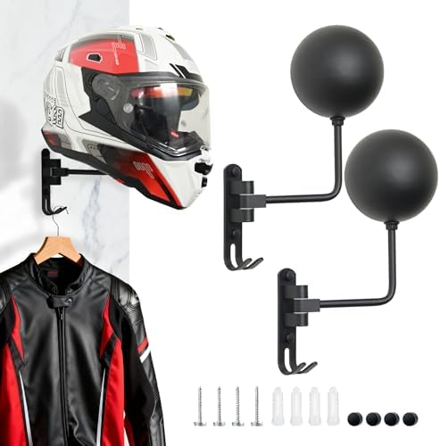 Motorcycle Helmet Holder Wall Mount, 180° Rotating Helmet Rack with Sphere Helmet Rest & Double Hooks, Metal Helmet Hanger for Motorcycle Helmets, Coats, Hats, Keys & Gear, 2 Pack - Image 7