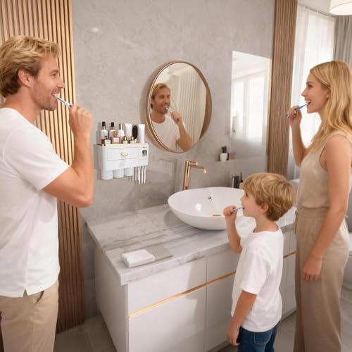iHave Toothbrush Holders Bathrooms Wall Mount Toothpaste Dispenser & 3 Cups - Image 7