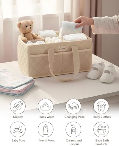 Diaper Caddy Organizer For Changing Table,Dutch Velvet Baby Diaper Caddy With 3 Removable Compartments &4 Side Pockets,Portable Diaper Basket For Car Organizer,Nursery Organizer For Essential Supplies - Image 6