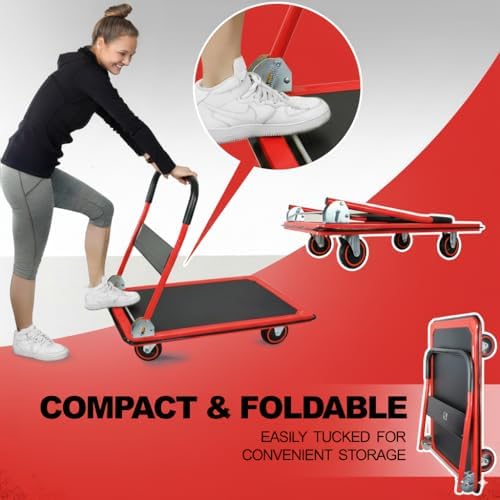 Wellmax Push Cart Dolly, Foldable Moving Platform Flat Cart, 660 lb, Red - Image 6