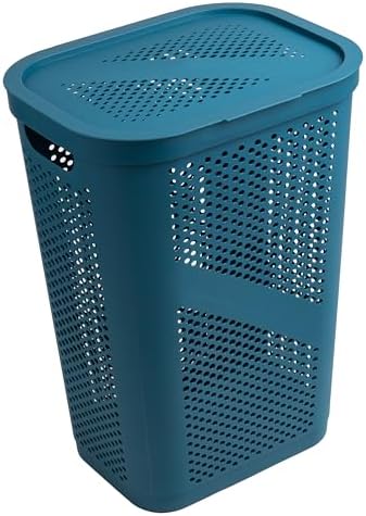 Mind Reader Slim Laundry Hamper with Lid, 60L Clothes Basket, Ventilated Plastic, Blue - Image 7