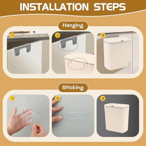 3 Pack Hanging Trash Can with Lid, Kitchen Compost Bin for Counter Top or Under Sink, Plastic Waste Basket Wall Mounted Garbage Can for Cupboard/Bathroom/Bedroom/Office/Camping (Cream) - Image 7