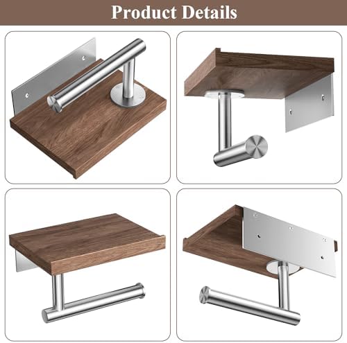 Tindbea Toilet Paper Holder with Wood Shelf, Wooden Wall Mount Tissue Paper Roll Holder, Brushed Nickel Stainless Steel Bathroom Accessories Decor Household Home Apartment Restroom Essentials (Walnut) - Image 5