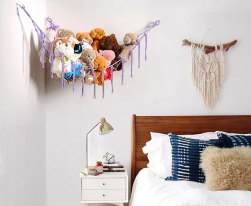 YKBU Stuffed Animals Hammock Corner Hanging Net for Macrame Stuffed Animal Storage Plush Toy Holder Toy Organizer for Boho Nursery Playroom Bedroom (purple, Large) - Image 6