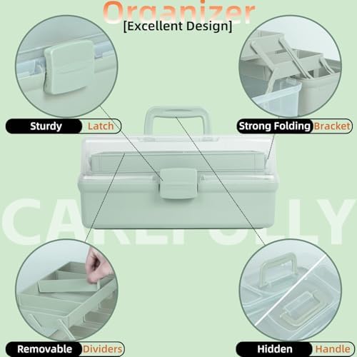 TERGOO 12.5in 3-Layer Multipurpose Craft Organizers and Storage with Adjustable Dividers, Portable Tackle Box, Folding Art & Craft Case for Medicine, Tool, Sewing Organizer (Haze Green) - Image 6
