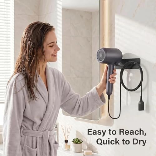 Hair Dryer Holder Wall Mount, Universal Hair Dryer Hanger for Bathroom/Bedroom/Barbershop, 304 Stainless Steel Organizer with 3M Adhesive, No Drilling Space Saver (Black) - Image 6