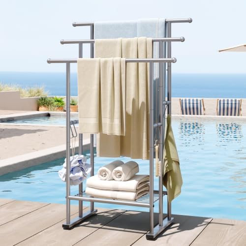 ELYKEN 3 Tier Freestanding Towel Rack with Shelf, 40" H Towel Stand, Silver - Image 6