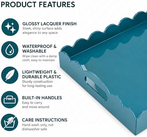 Gesodant Scalloped Glossy Plastic Lacquer Decorative Tray, 15.7 x 11.8 Inch Rectangle Serving Tray with Handles for Coffee Table, Ottoman, Bedroom Vanity, Living Room Centerpiece (Teal Blue) - Image 7