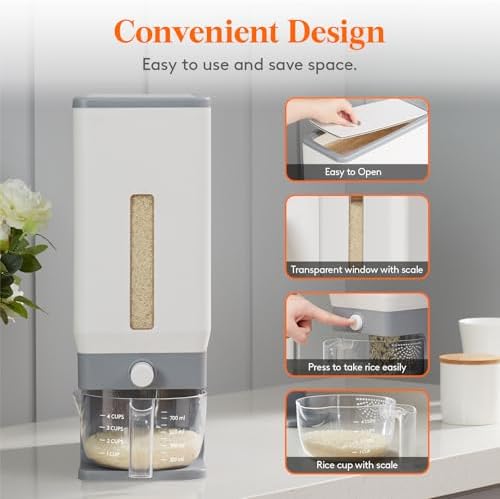 Lifewit Rice Container 29 Lbs, One-Press Dispenser with Measuring Cup 2 Pcs - Image 6