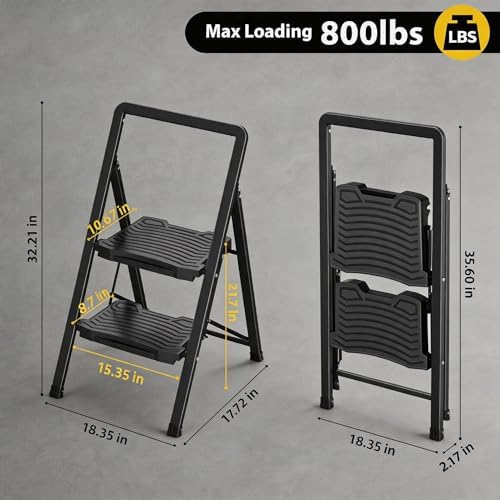 TOOLF 2 Step Ladder with Wide Pedals, Folding Steel Step Stool, Black - Image 6