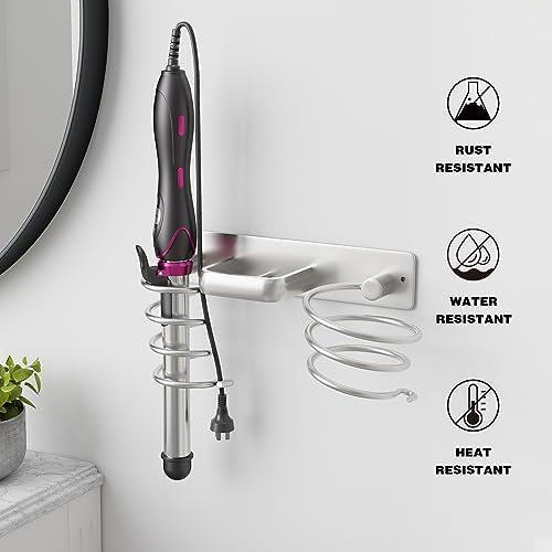 hicorfe Hair Dryer Holder 3 in 1 Hair Tool Organizer,Blow Dryer Holder Wall Mounted,Bathroom Bedroom Care Styling for Flat Iron,Curling Iron,Hair Straightener(Silver) - Image 6
