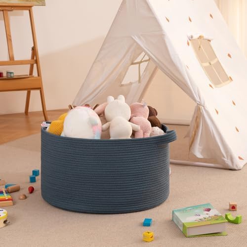 OIAHOMY 90L Extra Large Blanket Basket - Decorative Cotton Rope Storage Basket for Bedroom, Living Room & Nursery - Woven Laundry Hamper for Organizing Blankets, Clothes & Toys - Blue - Image 6