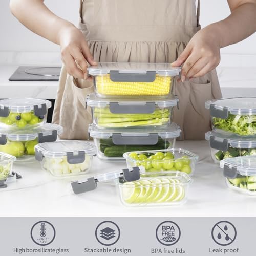 AILTEC 12 Pack Glass Meal Prep Containers Set, Airtight Snap Lids, 4 Sizes - Image 7