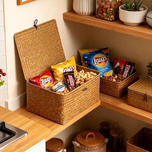 Nonam Large Wicker Basket with Lid,Seagrass Shelf Storage Basket,Natural - Image 6