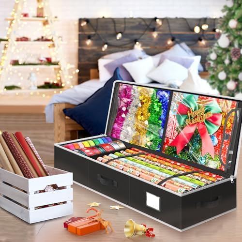 BlessedSeason Wrapping Paper Storage Organizer for 40 Inch Christmas Gifts Wrapping Paper, 2 Visible Supplies Pockets for Holiday Accessories, Christmas Decoration Storage Containers, Black - Image 7