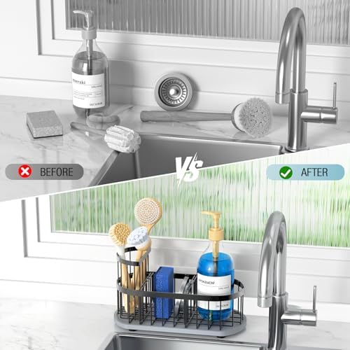 Sink Caddy Sponge Holder for Kitchen with Stone Drying Mat & Brush Holder - Image 6