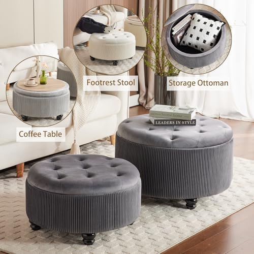 Round Storage Ottoman Coffee Table Set of 2, Gray, 29'' & 24.5'' - Image 6