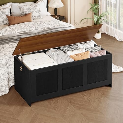 HOOBRO Storage Bench, 43.3" Retro Wooden Storage Chest, Wooden Storage Trunk, Toy Chest with Lift Top, Multifunctional Entryway Organizer, for Entryway, Living Room, Black and Walnut BH411CW01G1 - Image 6