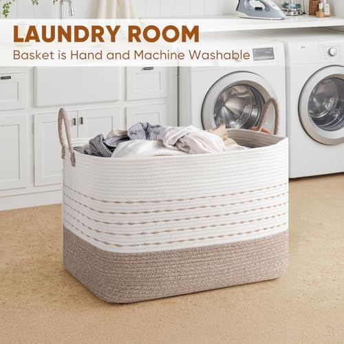 OIASKET XXL Large Blanket Basket for Living Room, 108L Woven Storage Baskets for Organizing, Rectangle Cotton Rope Basket Toy Chest With Handles--Brown & White - Image 7