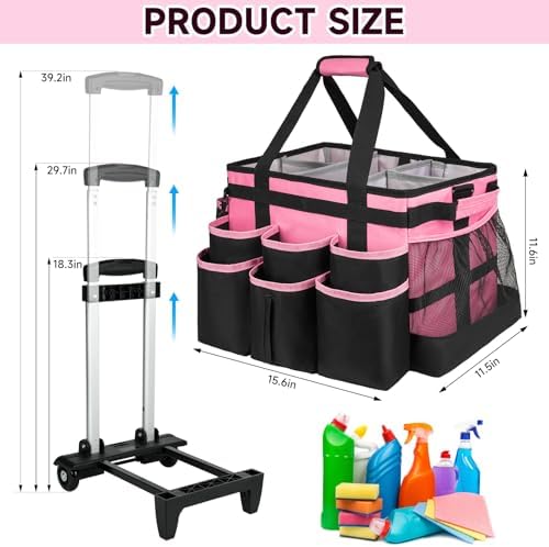 Large Rolling Cleaning Caddy Bag with Detachable Trolley,Cleaning Cart on Wheels with Shoulder Strap,Cleaning Supplies Organizer for Housekeepers,PInk - Image 6