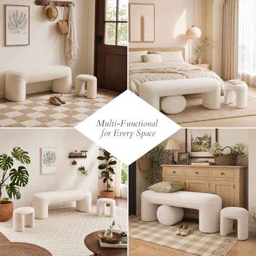 53" Chenille Ottoman Bench with 2 Nesting Ottomans, White - Image 7