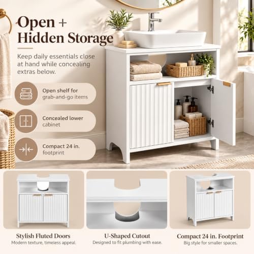 Bonnlo 24 Inch Bathroom Vanity Cabinet Without Sink, White, Fluted Doors - Image 7