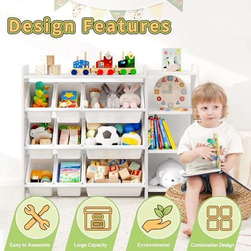 MallBest Kids Toy Storage Organizer with Bins, Solid Pine Wood Frame Toy Storage Cabinet and Kids Bookshelf, 3-Tier Playroom Organizer for Kids Room, Nursery and Bedroom, White - Image 6