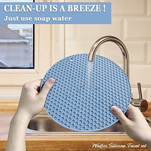 Silicone Trivet Mats - Walfos Heat Resistant Pot Holders Set, 4pcs 2 Sizes 7 Inch & 9 Inch, Multipurpose Non-Slip Hot Pads for Hot Pot, Hot Dishers, Jar Opener, Food Grade & BPA Free (Nordic Blue) - Image 7