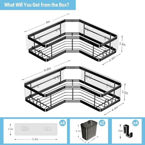 AKTECKE Corner Shower Caddy, 2 Pack Adhesive Shower Corner Organizer Shelves, No Drilling Stainless Steel Shower Storage Rack with Hooks&Toothpaste Holder for Bathroom Kitchen (for 90° Corners Only) - Image 6