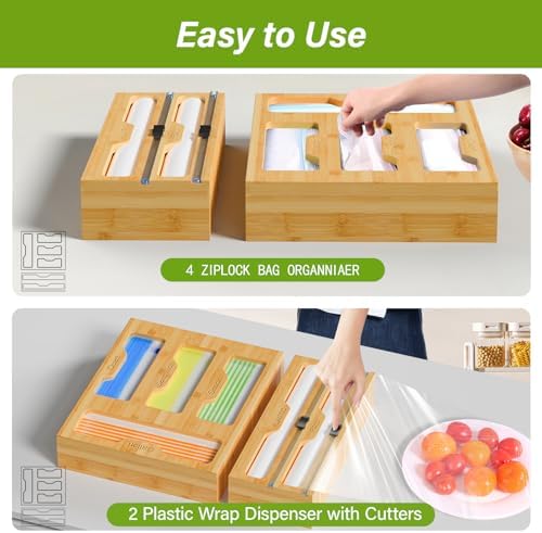KOCWELL Bamboo Bag Storage Organizer - 2 Wrap Dispenser with Cutter & 4 Slots Food Storage Bags Container - Kitchen Drawer Plastic Bags Storage Organization for Gallon Quart Sandwich Snack Bags - Image 7