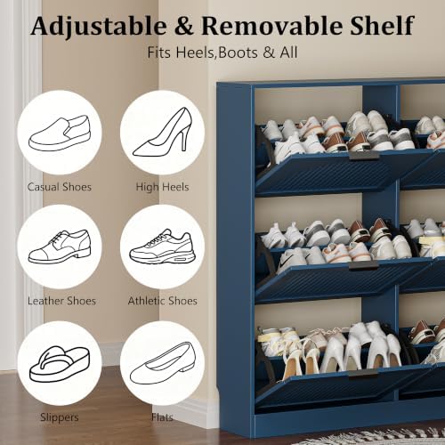 Fluted Shoe Storage Cabinet for Entryway, 6 Flip Drawers, Blue - Image 7