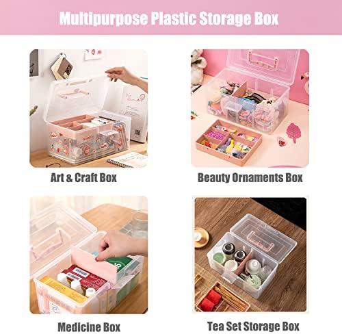 Clear Plastic Office Supply Art & Craft Storage Box, Sewing Box Organiser Large with a Removable Tray & Adjustable Partition, Portable Travel Makeup Case (Clear & pink) - Image 6