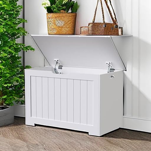 SUPER DEAL Storage Chest, 30 inches Chest Box Organizer with 2 Safety Hinges, Wooden Entryway Storage Bench, White - Image 6