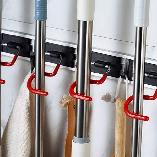 Wall Mounted Mop and Broom Holder Stainless Steel S Type Broom Rack Anti-Slip Mop Organizer (17 Inches,4 Positions 3 Hooks, Red black) - Image 6