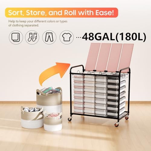 Laundry Sorter 4 Sections 48 Gal, Rolling Laundry Basket with Wheels & Lid - Image 6