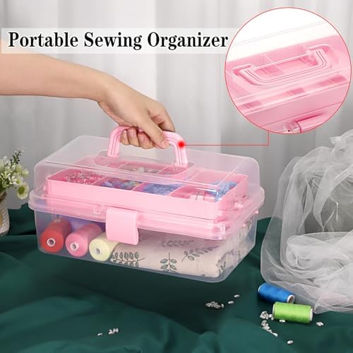 BTSKY 3-Layer Clear Plastic Dividing Storage Box Craft Organizer and Storage with Adjustable Spacers Portable Handled Art Supply Organizer Multipurpose Home Utility Box Sewing Organizers (Pink) - Image 6
