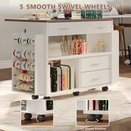 Gift Wrapping Station Cart with Foldable Drop Leaf, Crafting Storage Table - Image 6