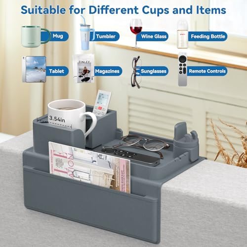 Couch Arm Tray Silicone Couch Arm Cup Holder Wide Sofa Armrest Tray with Dual Side Pockets, 360° Swivel Phone Holder & Glass Slot, Anti-Slip Couch Drink Holder Caddy for Remote Tablet Magazine Blue - Image 6