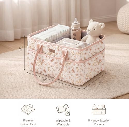 Konssy Baby Diaper Caddy Organizer, Floral Design with PU Leather Handles - Image 6