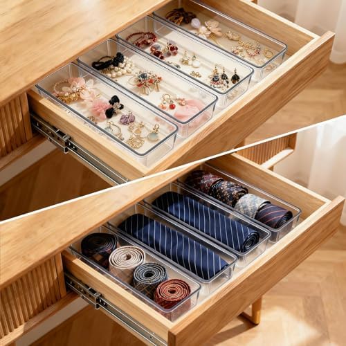 6 Pcs Large Clear Plastic Drawer Organizers Tray 12"x3" Storage Bins with 25 Pcs Non-Slip Pads for Makeup, Jewelries, Kitchen Utensils, Bathroom and Office - Image 7