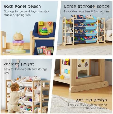EXPERLAM Extra Large Toy Storage - Toy Storage Organizer, Wooden Toy Organizer with 6 Side Shelves and 12 Bins, 3-in-1 Bookshelf for Kids Rooms, Playroom, Nursery, Blue - Image 6