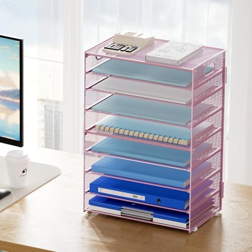 Marbrasse Paper Organizer Letter Tray, 9 Tier Mesh File Organizer with Handle, Paper Sorter Desk Organizer for Home Office Supplies - Pink - Image 6