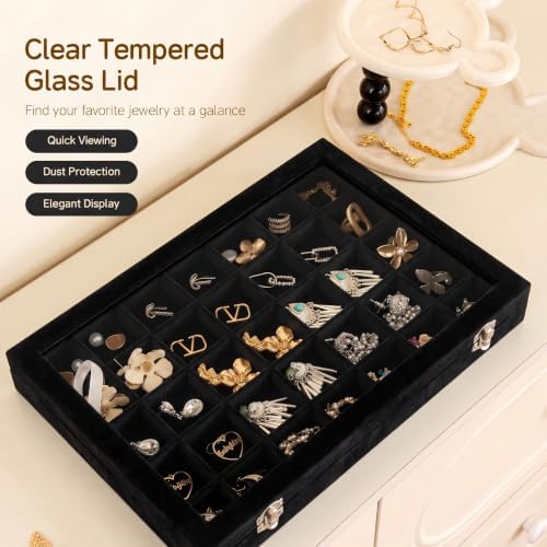 Frebeauty 35 Grid Earring Organizer,Velvet Jewelry Tray with Clear Lid - Image 6