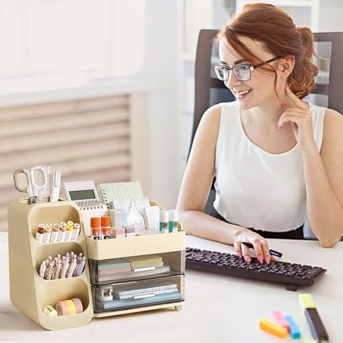 HBlife Desk Organizer with Pen Pencil Holder for Desk, Pen Organizer with 2 Drawers, Desk Organizers and Accessories with 4 Compartments, Desktop Storage for Office Home School Art Supplies, Beige - Image 7