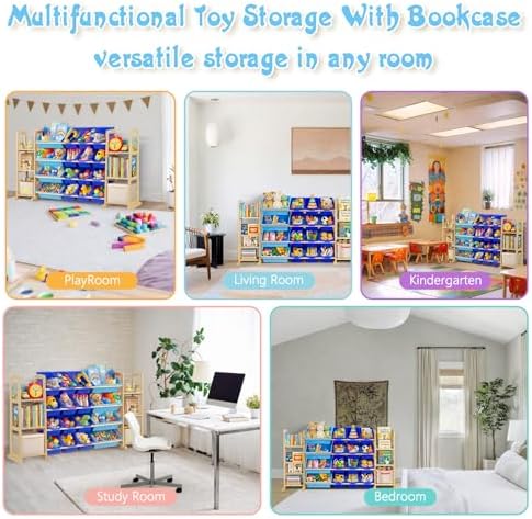 Kids Toy Storage Organizer with Bookshelf – Wooden Shelf with 16 Bins & 6 Shelves, Quick Assembly Storage Rack for Playroom, Bedroom, Nursery - Blue - Image 7