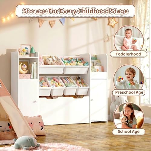 55'' Toy Storage Organizer & Kids Bookshelf with Large Wood Toy Chest,White - Image 7