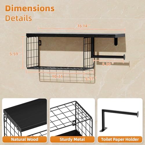 VITVITI Toilet Paper Holder with Shelf, Wall Mounted Storage Basket, Black - Image 6