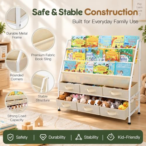 36" Extra Wide Kids Bookshelf and Toy Storage Organizer, 3-Tier Front Facing Book Shelf with 6 Large Removable Storage Bins, Toddler Bookshelf for Nursery, Playroom, Bedroom, Montessori Reading Corner - Image 7